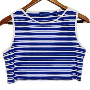 Karen Scott Sport Horizontal Striped Raw Edge Crop Top Blue & White Size Small